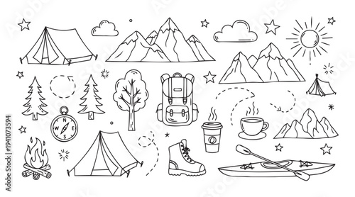 A comprehensive collection of hand drawn outdoor adventure symbols and camping essentials for travel enthusiasts, perfect for various graphic projects and educational materials