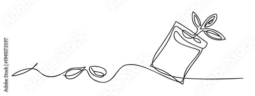 Elegant single line sketch showing a sprouting seedling in a tilted container with delicate leaves flowing away, useful for botanical publications and ecological presentations.