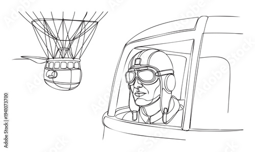 Continuous line drawing illustrating a vintage airship flying past an aviator in a cockpit, capturing the spirit of exploration and early flight for historical projects and travel
