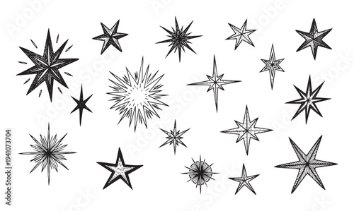 A compilation of hand drawn star shapes and starburst symbols with diverse designs and textures ideal for holiday greetings celestial themed branding or decorative graphic projects.