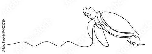 Dynamic continuous line drawing of a sea turtle gracefully swimming through minimalist ocean waves, ideal for promoting aquatic wildlife protection, ecofriendly branding, or decorative