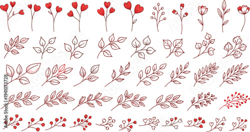 Hand Drawn Floral Branch Vector Set with Leaves, Flowers and Berries Decorative Botanical Elements for Elegant Design