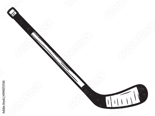 A dynamic handdrawn black and white ice hockey stick graphic suitable for sportsrelated promotions, athletic event branding, and game enthusiast publications.
