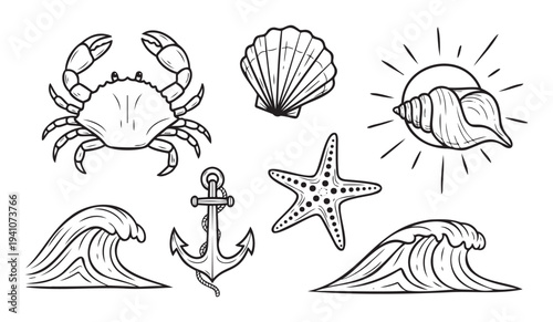 Essential oceanic symbols including a crab, scallop shell, conch with sun rays, starfish, anchor, and waves, perfect for summer vacation or beach themed projects.