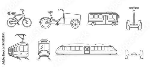 Collection of urban and personal transportation vehicles including bicycles, cargo bikes, buses, trams, trains, Segways, and hoverboards, great for visualizing modern mobility and city