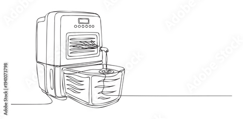 Continuous line drawing illustrating a modern home appliance, perhaps an evaporative air cooler or water dispenser, featuring controls and water flowing into a basin, suitable for
