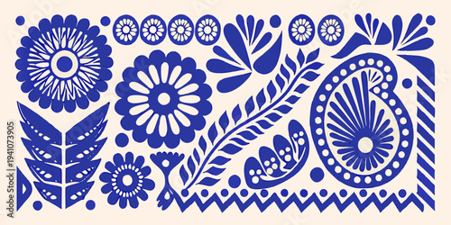Blue and white floral and botanical folk art pattern with decorative elements