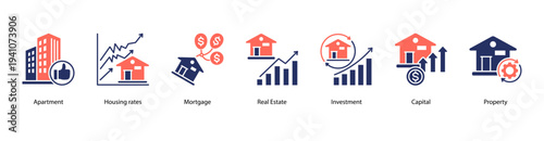 Housing Market Trends web banner icon vector illustration featuring Apartment, Housing Rates, Mortgage, Real Estate, Investment, Capital, and Property.