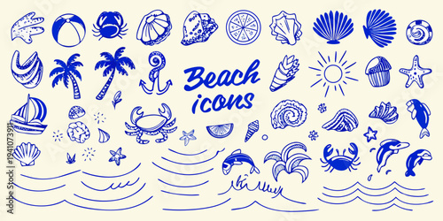 Hand drawn blue beach icons including shells sea life and waves