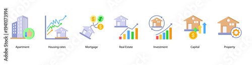 Housing Market Trends web banner icon vector illustration featuring Apartment, Housing Rates, Mortgage, Real Estate, Investment, Capital, and Property.