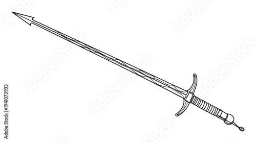 Stylized black outline drawing of a longsword with a wavy flamberge blade and ornate hilt ideal for game assets, historical themes, or medieval graphic design projects