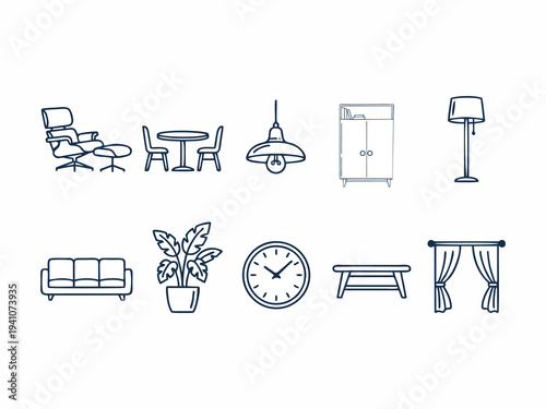 Modern Home Interior and Furniture Line Icon Set