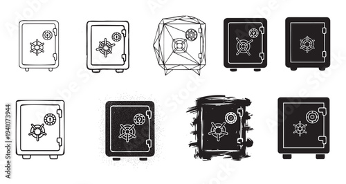 Secure strongbox collection featuring various styles including outline, geometric, solid fill, textured, and grunge designs, perfect for financial security and data protection concepts.
