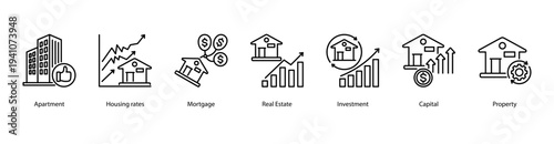 Housing Market Trends web banner icon vector illustration featuring Apartment, Housing Rates, Mortgage, Real Estate, Investment, Capital, and Property.