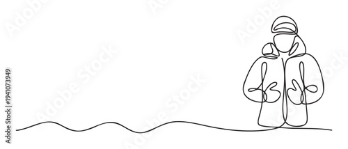 A continuous line drawing of a person wearing a winter coat with a hood and a warm hat, standing on a wavy ground line, suitable for seasonal marketing, holiday promotions, or cold weather