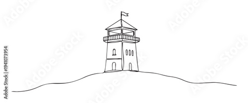Continuous line drawing of a lighthouse on a hill, perfect for minimalist graphic designs, maritime themed projects, or as an icon for navigation and coastal travel applications.