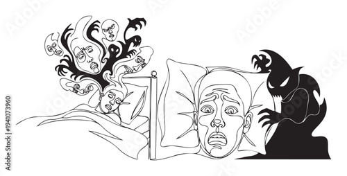 Person suffering intense nightmares and night terrors in bed, facing fears and anxiety, useful for illustrating sleep problems, mental health struggles, or psychological concepts.