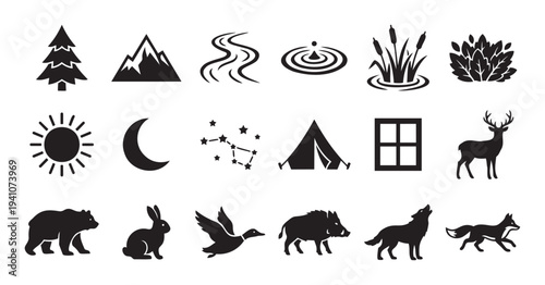 A comprehensive collection of wilderness and nature related black silhouette icons depicting forest, mountains, rivers, wildlife, and outdoor adventure symbols perfect for environmental
