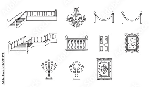 Collection of classic interior and architectural elements including elegant staircases, luxurious chandeliers, ornate balustrades, decorative doors, and vintage candelabras, perfect for