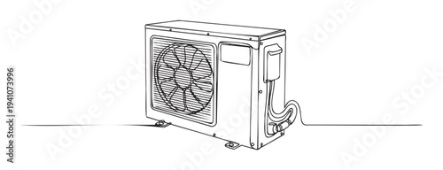 Outdoor air conditioner unit line drawing representing cooling and climate control technology for residential or commercial heating ventilation and air conditioning system promotion.