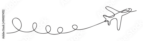 Continuous line drawing of an airplane flying with a long wavy flight path, ideal for travel agency promotions, vacation planning advertisements, or journeythemed graphic resources.