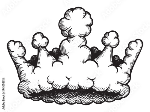 Detailed graphic of a majestic cloud crown depicted in a classic woodcut and engraving style ideal for symbolic branding, fantasy book covers, or elegant web design applications