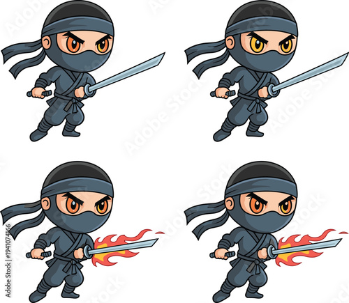 Ninja silhouettes, katana sword poses, martial arts progression, combat stance illustration, stealth warrior design, fiery sword artwork, action cartoon figure