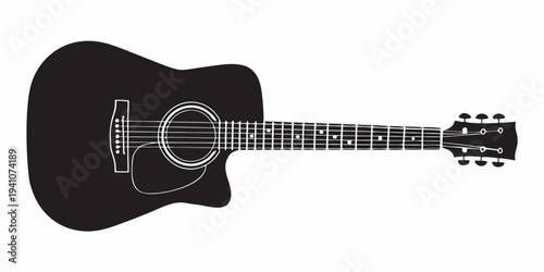 Black and white silhouette of an acoustic guitar on a white background