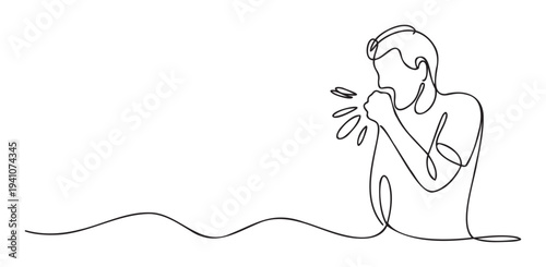 Continuous line drawing of a person coughing covering their mouth with hand, symbolizing illness prevention and respiratory health awareness for medical campaigns and public safety education
