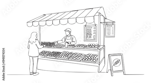 Discover a bustling street food market scene with a vendor serving delicious pastries to a customer, perfect for culinary and business promotional materials.