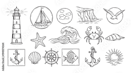 A comprehensive collection of handdrawn marine and nautical elements perfect for travel brochures, oceanthemed branding, coastal event invitations, or educational maritime projects