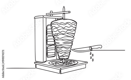 A continuous line drawing of a vertical rotisserie machine roasting a cone of meat, with a sharp knife slicing off fresh portions, ideal for fast food restaurant menus and culinary business