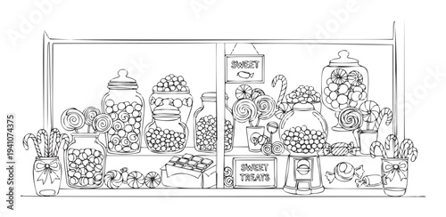 Black and white line drawing of a candy store shelf displaying glass jars filled with lollipops, candy canes, gumballs, and chocolates, perfect for childrens coloring books and sweetthemed