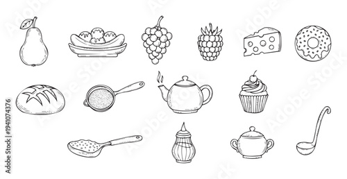 A collection of handdrawn food and kitchen utensil sketches perfect for recipe illustrations, cooking guides, or culinary themed promotional materials