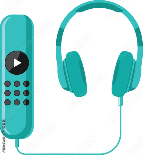 Headphones and Audio Player Vector Illustration with Wired Headset and Music Control Device Sound Technology Concept