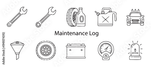 Collection of automotive maintenance log icons and car service tools, perfect for vehicle repair shop interfaces and infographic designs
