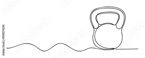 Continuous line drawing of a single kettlebell workout equipment with a minimalist aesthetic, perfect for fitness gym promotion, health club branding, or sports training program graphics.