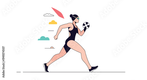 Athletic woman triathlete running wearing a black swimsuit and goggles with abstract colorful shapes in the background.