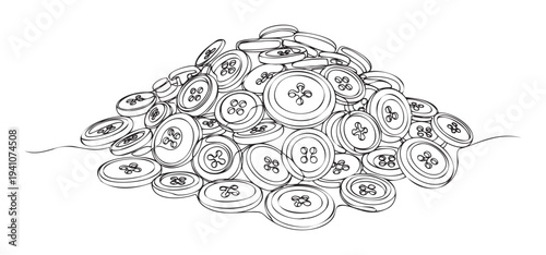 Continuous line drawing of a large pile of assorted sewing buttons perfect for craft supplies, tailoring, and hobby shop promotions or decorative graphic elements.