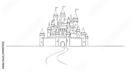 Minimalist continuous line drawing of a grand storybook castle with flags atop its turrets and an inviting pathway, perfect for imaginative projects, coloring pages, or event invitations.