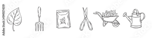 Gardening essentials collection featuring hand tools, seed packets, and cultivation equipment perfect for springtime yard work and agricultural projects