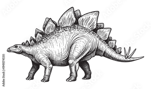Stegosaurus vintage engraving drawing with detailed scales and distinctive back plates, perfect for educational content, natural history publications, or wildlife museum exhibits.