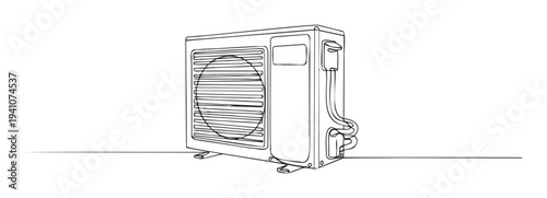 Simple continuous line drawing of an outdoor air conditioning condenser unit, perfect for illustrating home heating and cooling system concepts or technical equipment information.