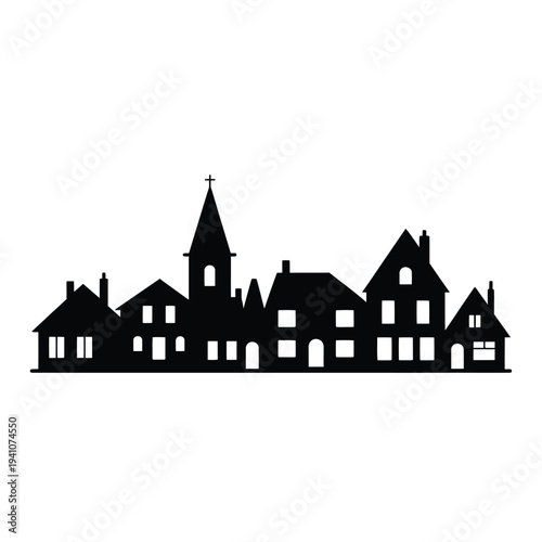 Silhouette of a quaint european townscape with prominent church steeple