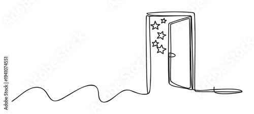 A continuous single line drawing depicts an open door surrounded by stars with a flowing wavy path, symbolizing new opportunities, success, and transformative journeys, perfect for business