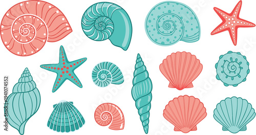 Pastel seashell and starfish collection, cute ocean shell illustration set, marine beach elements, decorative nautical vector icons isolated