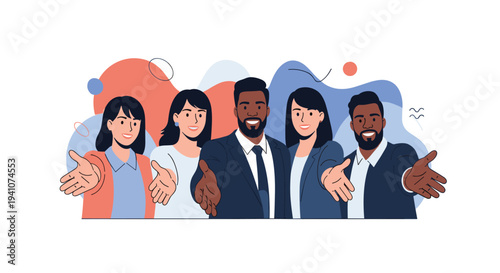 Diverse group of professional business people reaching out their hands in a collaborative and welcoming gesture.