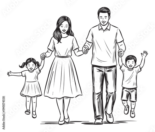 A happy Asian family with a smiling father and mother holding hands with their cheerful young daughter and son walking together, perfect for showcasing family unity and parental love