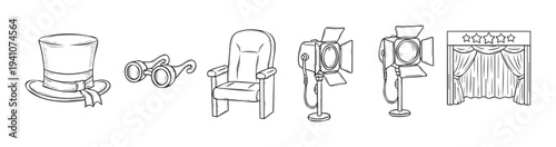 Line drawing set of show business props including a sleek top hat, opera glasses, a comfy theater chair, professional spotlights, and elegant stage curtains, suitable for drama club