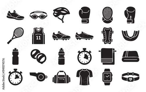 Comprehensive collection of sports and fitness equipment icons, including gear for various athletic activities, useful for health and workout applications or promotional materials